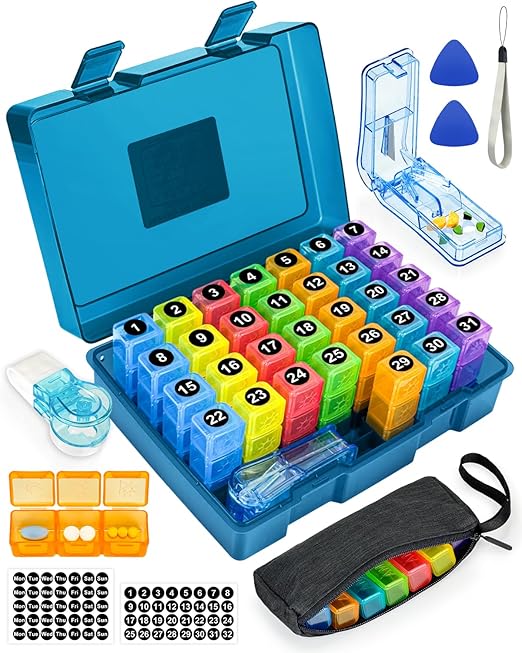 Monthly Pill Organizer 3 Times a Day, FRIWOLE Medicine Box with Portable Weekly Pill Bag, Pill Taker Remover, Pill Cutter and 2 Sticker (Blue, 3 Times a Day)