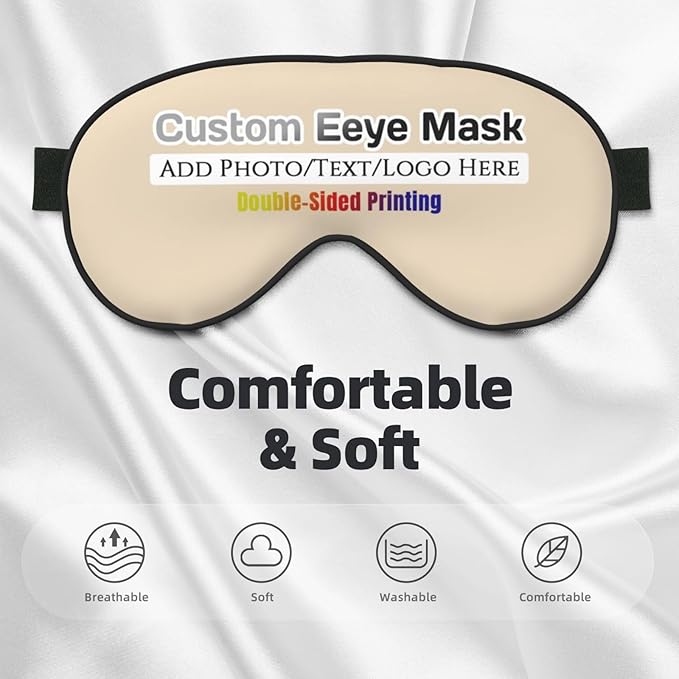 Custom Eye Mask for Sleeping Personalized Your Photo Text Logo Adjustable Strap Sleep Mask Customized Soft Blindfold Eyemask Blackout Eye Cover for Men Women Home Travel Offices Natural