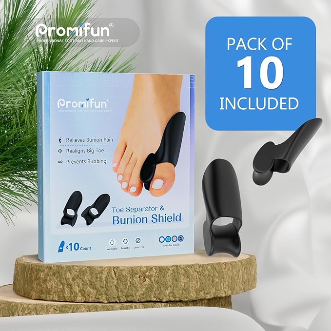 Bunion Cushion Protector, 10 Packs of Bunion Corrector Pads with Separator for Big Toe, Gel Shield for Foot Pain Relief, Calluses, Corns - Black