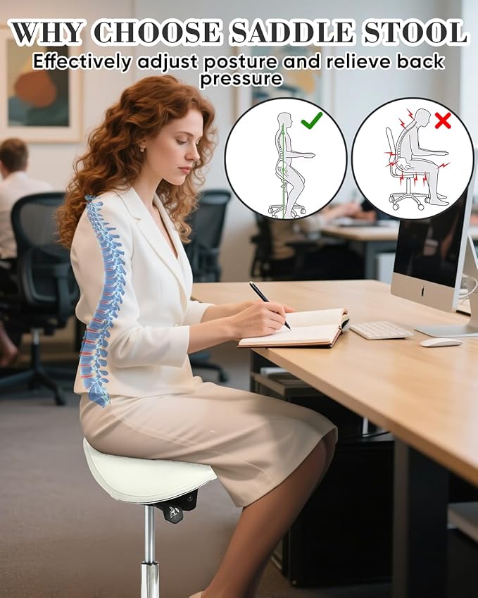 Conforms to ergonomics, with a Saddle Stool That can be Tilted and a Rotating Stool with Hydraulic Lifting Height Adjustment, Suitable for Office, White