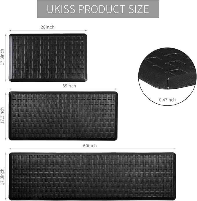 UKISS Kitchen Rugs ，Waterproof Kitchen Mats ，Cushioned Anti Fatigue Kitchen Mat for Floor, Non-Slip Comfort Foam Standing Mat for Kitchen, Floor Home, Office, Sink, Laundry (Black, 17.3"x39")