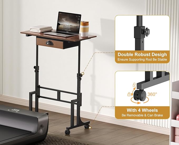 Adjustable Height Standing Desk With Drawer, Rolling Sit Stand Up Desk With Wheels, Small Sit To Stand Computer Desk, Adjustable Desktop Height, On Wheels, Brown, For Walking Pad Laptop Treadmill