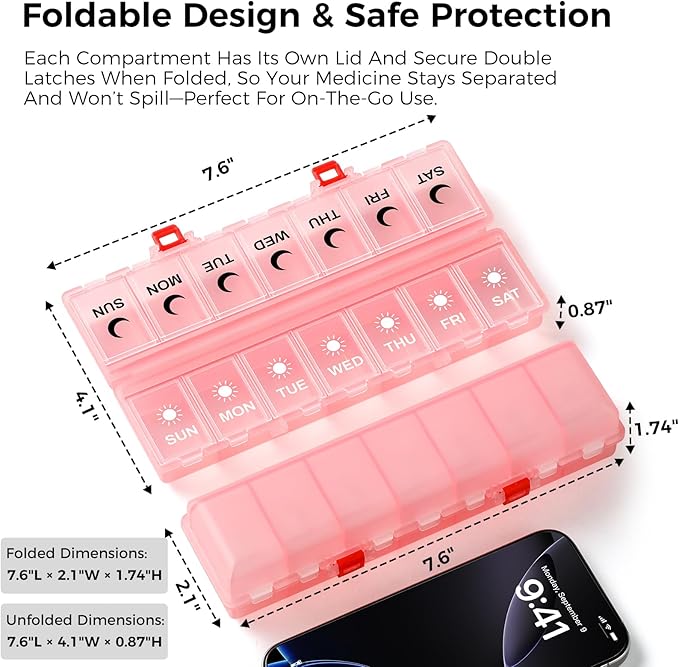 Foldable Pill Organizer Weekly 2 Times a Day, 7 Day Portable AM PM Travel Pill Case with Black&White Labels, Dual-Protection Daily Medicine Box, Large Pill Container for Vitamin/Supplement-Clear Pink