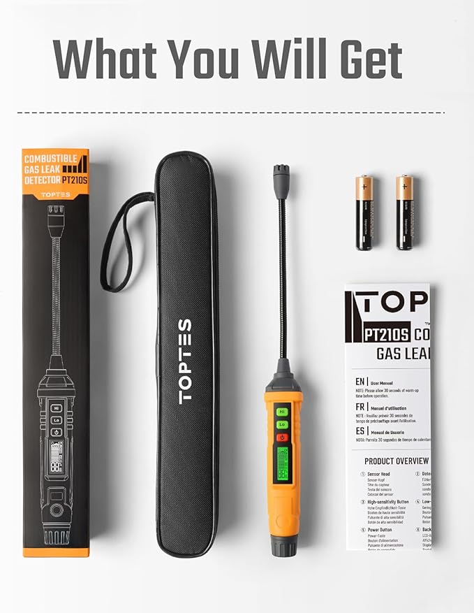 TopTes PT210S Gas Leak Detector, Natural Gas Detector with 4-inch Probe, Propane Leak Detector Locating Combustible Gases Like Natural Gas, Methane for Home, Measures%LEL (Incl. Batteries) - Orange