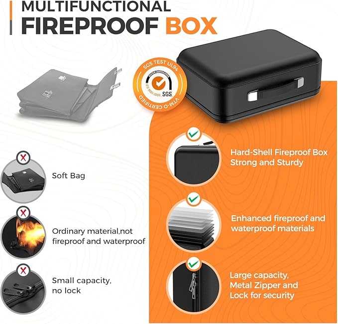 Fireproof Document Box with Combination Lock, Fireproof Water Resistant Hard Case Safe Box for Important Documents Certificates Laptop Passports