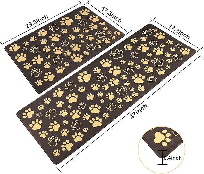 Black and Gold Kitchen Mats Cushioned Anti Fatigue Paws Print Kitchen Mats for Floor 2 Piece Waterproof Comfort Standing Mat for Desk, Sink, Stove, Laundry, 17"x30"+17"x47"