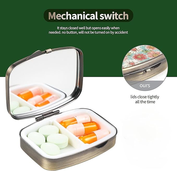 Dynippy Pill Case Pill Box with Mirror Retro Pocket 2 Compartment Medicine Case Vitamin Pill Organizer for Pocket Purse and Travel (A-Golden Flower)