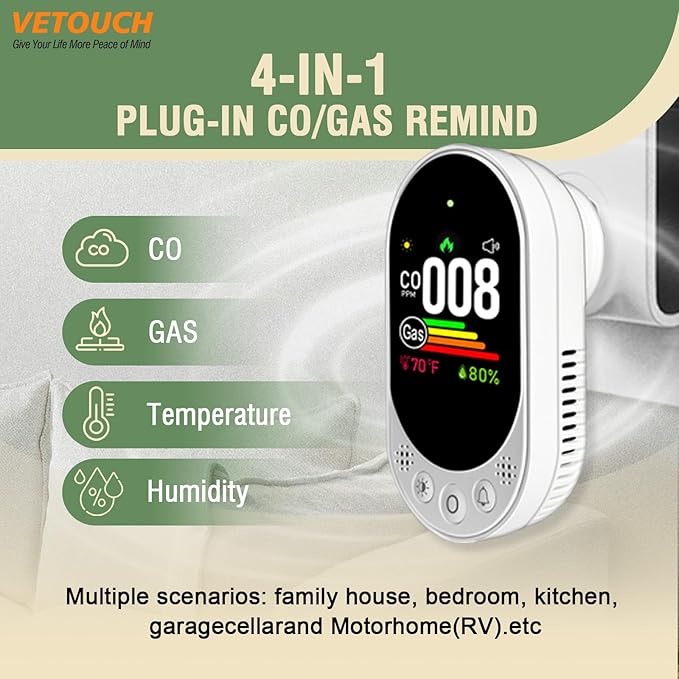 Plug-in Combination air Detector, 4 in 1 Combination Natural Gas and Carbon Monoxide Detector, detects CO, Gas,and Humidity Values. for Home, Bedroom, Kitchen, RV, 1 Pack
