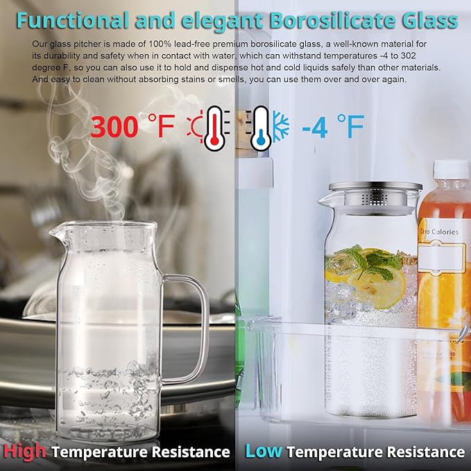 Bivvclaz 1.2 Liter 40 oz Small Glass Pitcher with Lid and Handle, Glass Carafe for Hot/Cold Water, Iced Tea Jug for Coffee, Juice and Homemade Beverage