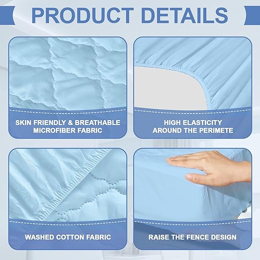 Lounsweer 3 Piece Hospital Bed Sheet Set, Blue Waterproof Bed Sheet Set, Incontinence Protection for Home and Hospital Use, Include 1 Fitted 36" x 84" x 12" 1 Flat and 1 Pillowcase
