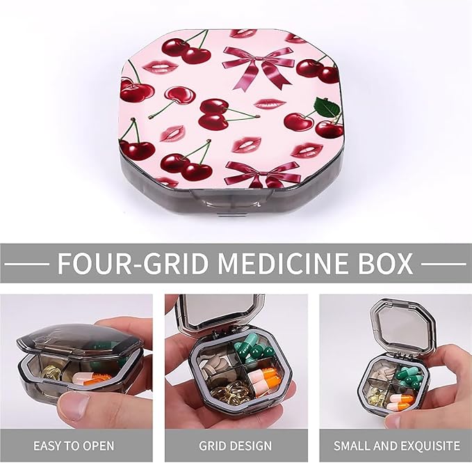 This Portable Pink Cherry Lip Print Pattern 4-Compartment Pillbox Can Be Placed in A Pocket Or Wallet to Store Vitamins, Medicines Fish Oil Health Supplements Other Medications.