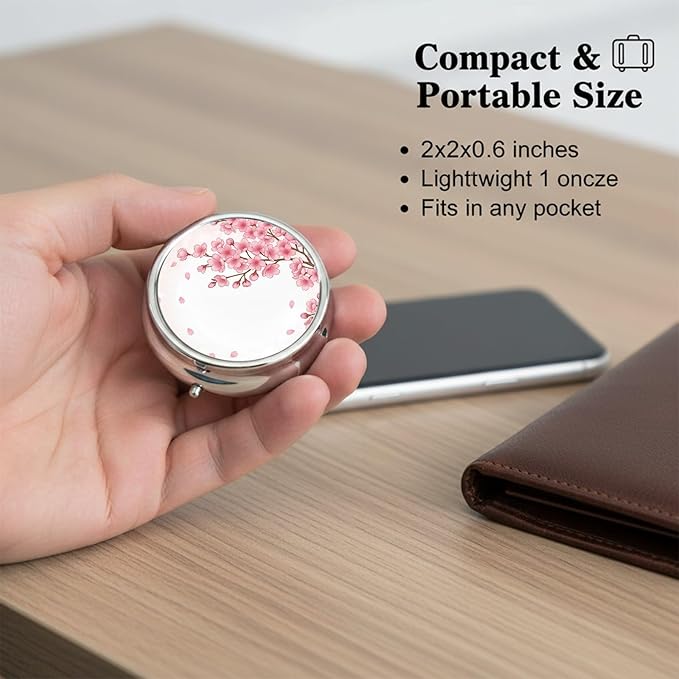 Round Pill Case Small Pill Box with Mirror Pocket 3 Compartment Vitamin Pill Medicine Case Organizer Pill Containers for Traveling Cherry Blossom