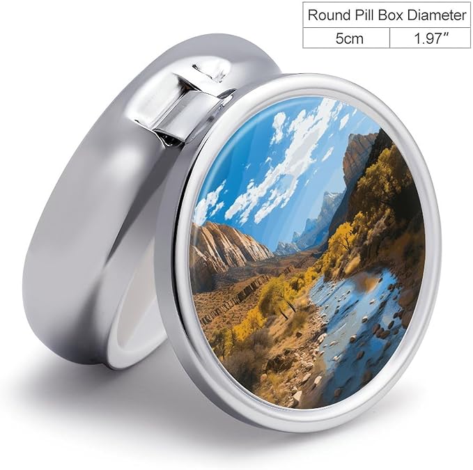 Zion National Park Pill Box Travel Pill Case for Purse Pocket Weekly Medicine Organizer with Mirror 3 Compartment Round Medicine Case Portable PillcaseHolder for Daily