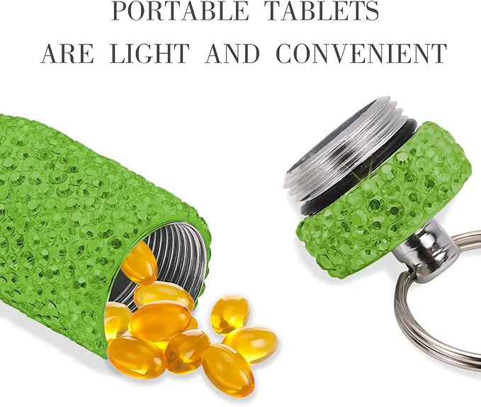 GOUWEIBA 2 Pieces Bling Pill Container Portable Pill Bottle Case Waterproof Travel Medicine Box Crystal Diamond Mini Pill Holder Storage with Keychain for Outdoor Camping Traveling (Blue, Green)