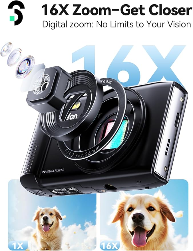 SOOMFON Digital Camera - Max 72MP Point and Shoot Kids Cameras with 16X Zoom, 32G TF Card, 2 Batteries and Card Reader, Compact Digital Camera for Kids Teens Beginners (Black)
