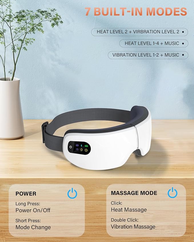 Eye Massager with Heat, 7 Heating and Vibration Modes, Eye Mask, Birthday Gifts for Women, Men, Friend, Mom and Dad, Sleep Mask for Relax, Migraine Relief, Improve Sleep, White