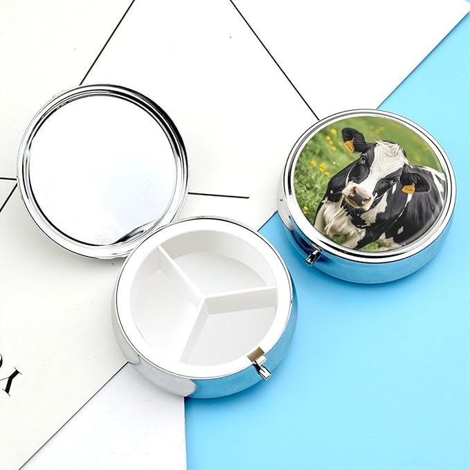 Cow Black Spot Pill Box Travel Pill Case for Purse Pocket Weekly Medicine Organizer with Mirror 3 Compartment Round Medicine Case Portable PillcaseHolder for Daily