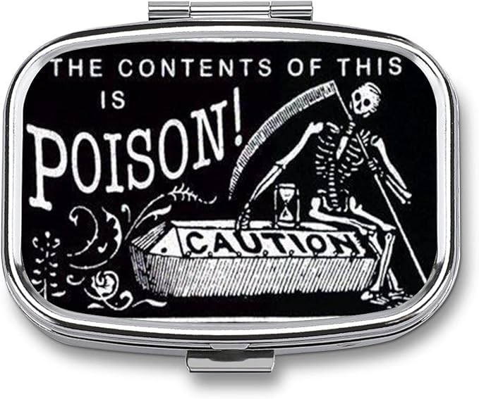 Metal 2 Compartment Pill Organizer Travel Friendly Portable Compact Box Cute Case to Hold Vitamins/Tylenol/Fish Oil/Supplements/Meds/Tablet (Poison Caution), 1.97 x 0.79 x 0.39 Inch