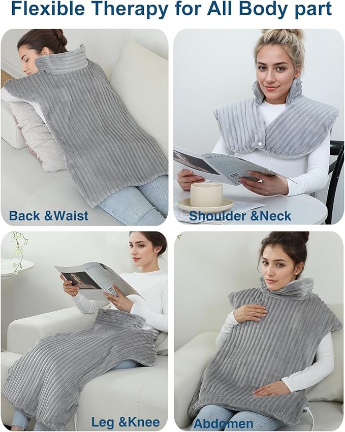 Dowin Heating Pad with Massager for Back Pain Cramps Relief,24"x35" Electric Heating Pad for Neck and Shoulders,Inner Detachable Heated Pad Wrap with 4 Massagers,Gifts for Women Men (Grey)