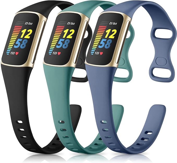 Maledan 3 Pack Bands Compatible with Fitbit Charge 5 Band for Women Men, Soft Slim Thin Sport Replacement Accessories for Fitbit Charge 5/Charge 6 Advanced Fitness Tracker, Black/Pine/Bluegray