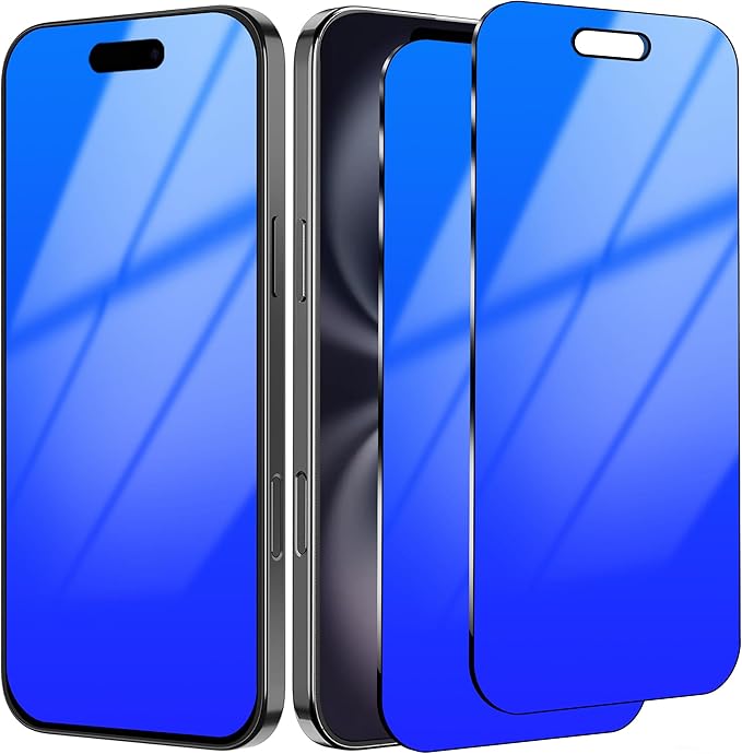 Privacy Screen Protector for iPhone 16 Tempered Glass for, 2 Pack 25 Degree Anti-Spy Gradient Colorful Anti-Blue Light Eye Protection with Installation Frame Case Friendly (6.1 inch Blue)