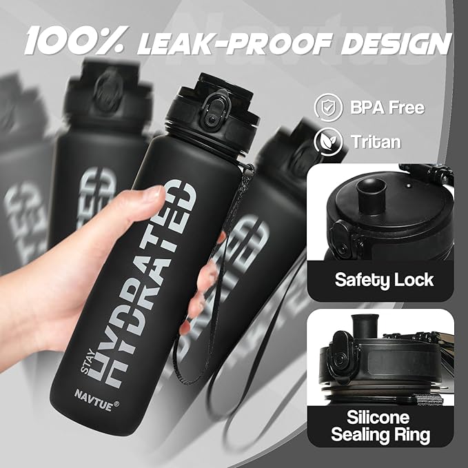 Water Bottle, 32 oz Sports Water Bottles with Time Marker Wide Mouth, Motivational and Leakproof Drink Bottle, BPA Free Tritan with Carry Strap for Gym Fitness Outdoor(1 Bottle)