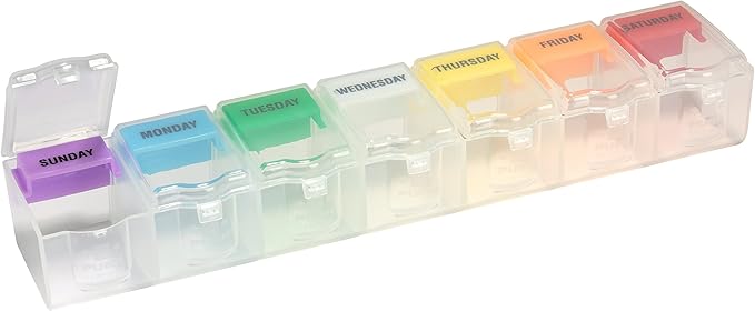 EZY DOSE Weekly (7-Day) Pill Planner, Medicine Case, Vitamin Organizer Box, 2X-Large Push N' Pop Open Compartments, BPA-Free, Rainbow/Clear Design