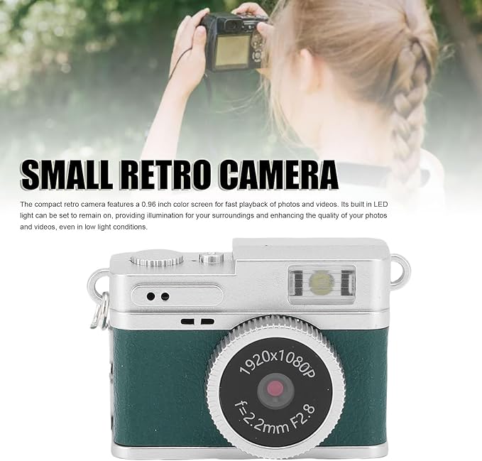Zunate Mini Keychain Camera 1080P FHD with 32GB Card, Retro Digital Camera with 0.96 Inch Color Screen, 6 Filters, LED Flash, Portable Vintage Video Recorder for Travel Study Kids Gift (Green)