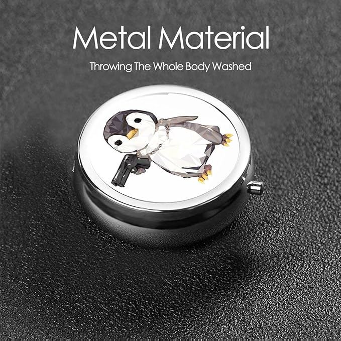 Cartoon Penguin Printed Round Travel Pill Box Cute Small Metal Pocket Pill Case for Men & Women 3 Compartment Portable Pill Organizer for Purse or Pocket