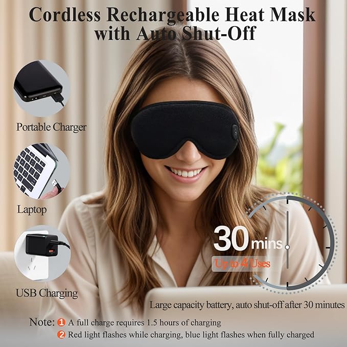 Heated Eye Masks for Dry Eyes | Vowleike 3D Cordless Rechargeable Warm Compress for Eyes | Washable Electric USB Thermal Eye Heating Pad for Stye, Blepharitis & MGD | Ideal Holiday Season Gift (Black)