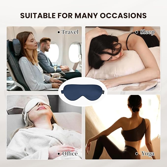 THXSILK Sleep Mask 100% 25 Momme Pure Mulberry Silk Super Smooth Cooling Sleep Eye Mask Blackout for Women/Man/Kids, Eye Cover with Wide Head Strap for Good Night Sleep, Navy Blue
