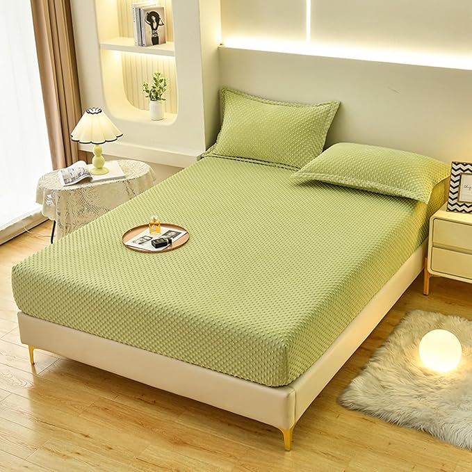 ZIQINPSQ Coral Velvet Fitted Sheet-Thickened Cold-Resistant and Warm Bed Sheets-Soft Velvet Fleece Fitted Sheets with-Elastic All Around. (Green, Full)