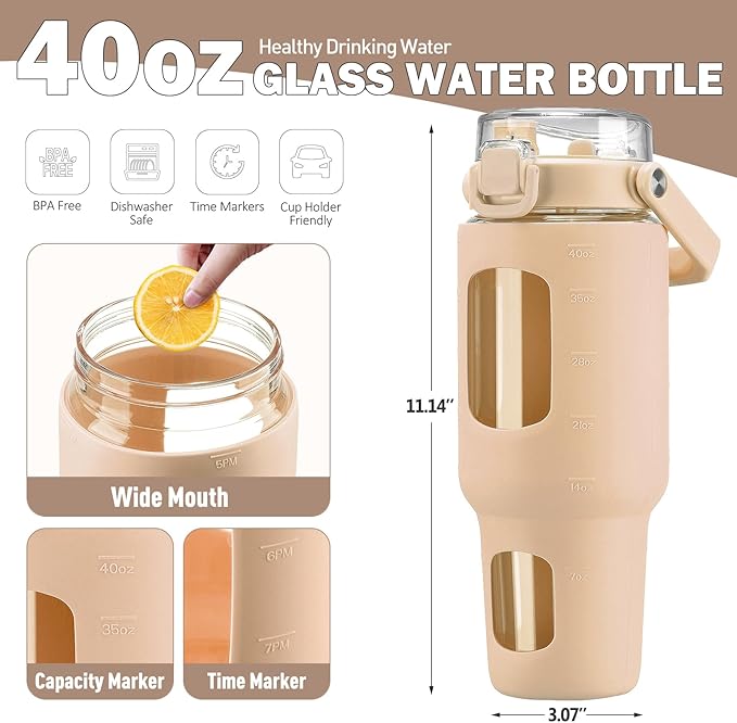 BLUEGO 40 oz Glass Water Bottle with Straw, Leakproof Glass Drinking Bottle with Time Marker and Silicone Sleeve, Wide Mouth Water Bottle for Travel, Gym, Workout, Amber