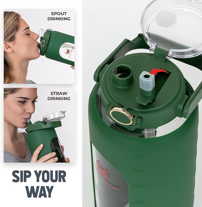 64 Oz Water Bottle with Time Marker & Straw - Green Pregnancy 2 Liter Glass Water Bottles with Measurements - Daily intake bottle - Leakproof Borosilicate jug