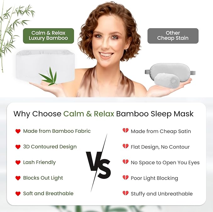 Calm&Relax Bamboo Sleep Mask: 3D Blackout Sleeping Eye Mask for Side Sleepers - Zero Pressure Eye Covers for Travel Airplane(White)