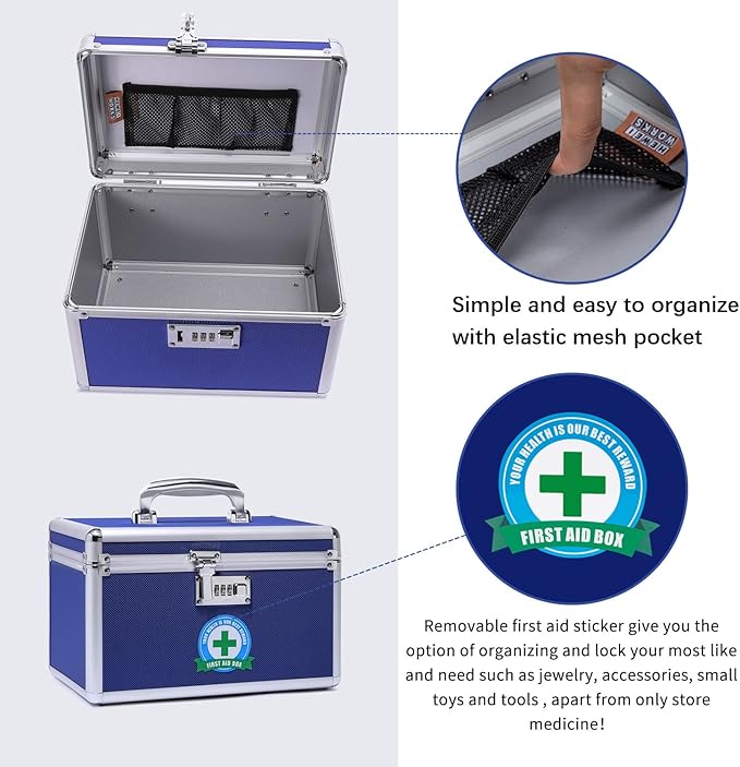 Combination Locking Medication Box with Portable Storage Case, 10.2''x 6.8''x 6.8'', Childproof Medicine Lock Organizer, Lockable Box for Documents & Valuables (Blue/Small)