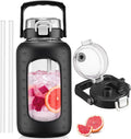 BLUEGO 84oz Glass Water Bottle with Straw and Handle, Large Water Bottle with Sip & Chug Lid, 2.5L Water Jug Silicone Sleeve with Time, Full Day Drinking Bottle for Sports BPA Free, Black