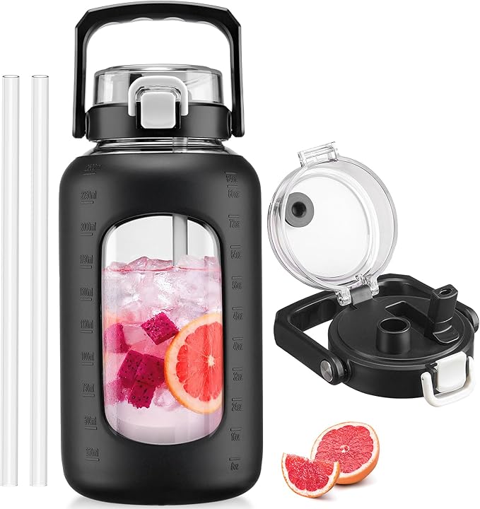 BLUEGO 84oz Glass Water Bottle with Straw and Handle, Large Water Bottle with Sip & Chug Lid, 2.5L Water Jug Silicone Sleeve with Time, Full Day Drinking Bottle for Sports BPA Free, Black