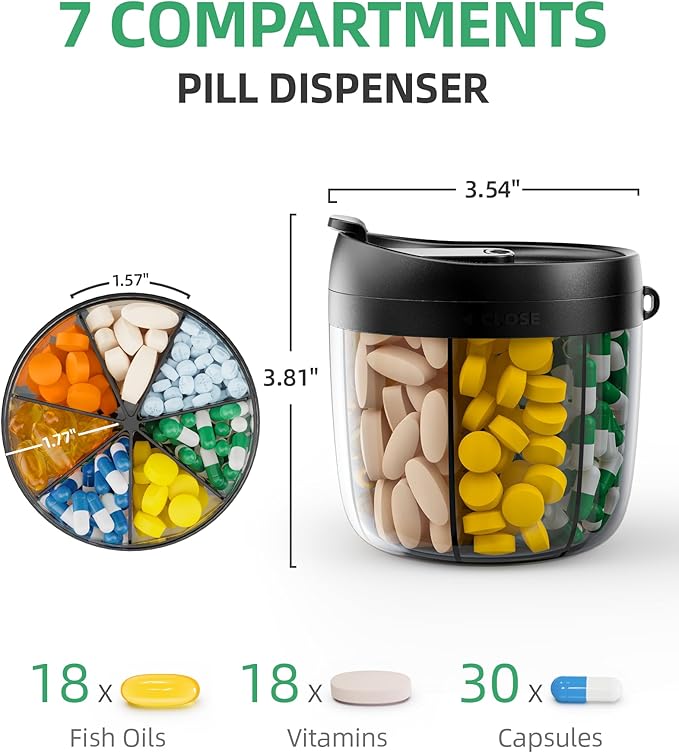 PULIV Portable Pill Dispenser Bottle, Vitamin Organizer with 7 Compartments, Holds Plenty of Supplements with Anti-Mixing & Wide Openings Design, Easy to Retrieve Meds, Includes 20 Pcs Sticky Labels