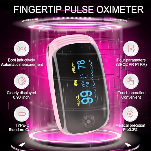 Rechargeable Pulse Oximeter with Respiration, Pink OLED Display Fingertip Oxygen Monitor, Track SpO2 Pulse Rate PI and RR, Fast Accurate Reading Lanyard Included for Home and Outdoor Sports