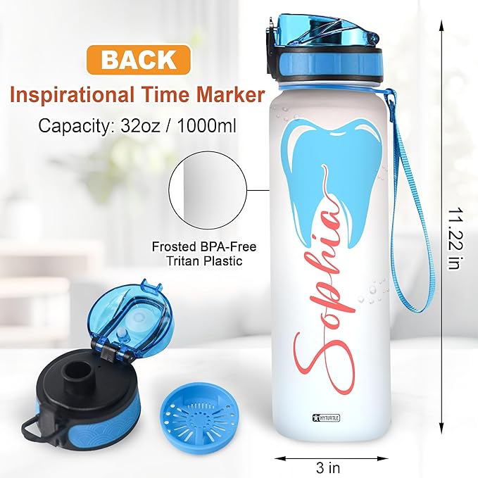 Hyturtle Personalized Dental Water Bottle - 32oz Motivational Water Bottle with Leak-Proof Lid Time Marker - Custom Name Gift for Dentists Dental Hygienists Dental Students - Birthday, Christmas Gift