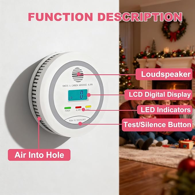 Smoke and Carbon Monoxide Detector, 2-in-1 Combo Alarm, Battery Operated Smoke Detector & CO Alarm with LCD Display, Dual Sensor Smoke Alarm &CO Sensor, Easy to Install,85db Sound