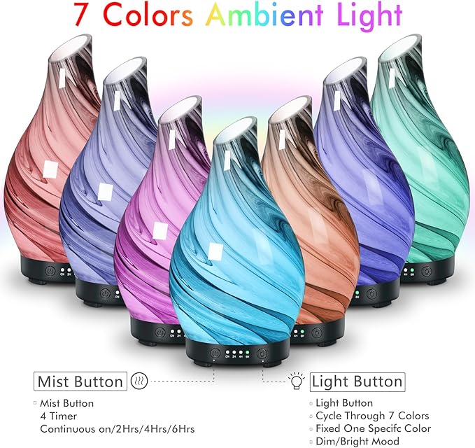 Essential Oil Diffuser Aromatherapy Diffuser - Art Glass Oil Diffuser with Auto Shut-Off Protection 4 Timer Setting 7 Colors Changed LED Night Light for Home Office Decor Gift (Grey Diffuser)