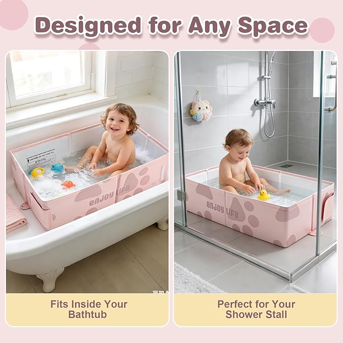 Baby Bathtub, Portable & Collapsible Bath Tub for Infant and Toddler, Foldable Toddler Tub for Small Bathroom, Newborn Baby Bath Essentials for Travel & Beach, Bañera para Bebé, Pink