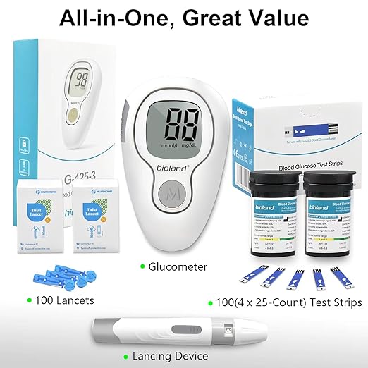 Glucose Monitor Kit, Diabetes Testing Kit, Blood Glucose Meter, 100 Glucometer Strips, 100 Lancets, Test Strips Blood Sugar Meter Glucometer