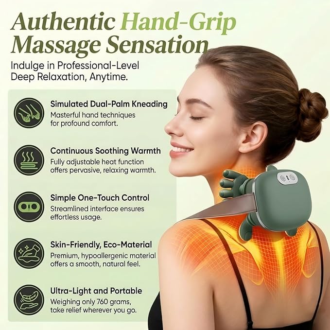N7 Bionic Neck and Shoulder Massager, Heated Real-Hand Massagers with Fingers for Back Muscle Pain Relief, Portable & Lightweight Design