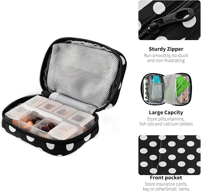 Polka Dot Black Pill Organizer Case Modern 7 Day Travel Pill Box with Zipper Portable Weekly Vitamin Medicine Supplement Holder Pouch Bag