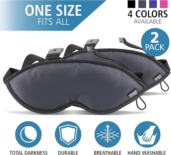 Lewis N. Clark Comfort Eye Mask + Sleep Aid to Block Light for Travel, Airplane, Hotel, Airport, Insomnia + Headache Relief with Adjustable Straps, 2 pack, Black