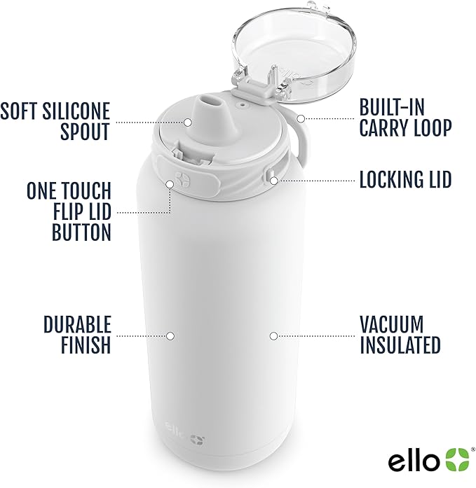 Ello Cooper 18oz Kids Stainless Steel Water Bottle with Straw and Carry Handle, Double Walled and Vacuum Insulated Metal, Leak Proof Locking Lid with Soft Silicone Spout, Reusable, BPA Free, White