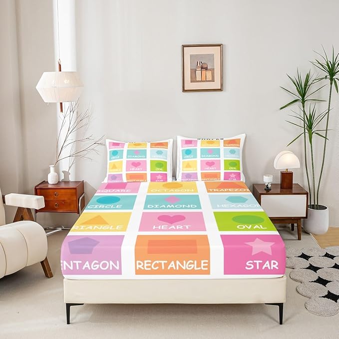 Feelyou Kids Shapes Fitted Sheet Twin Size, Educational Bed Sheet Set Boys Girls Preschool Bedding Set Learning Teens Bedroom Decor Lightweight Bed Set (No Flat Sheet)